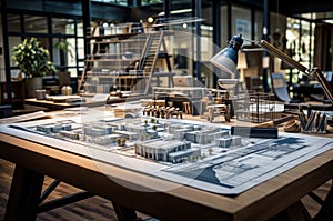 Architect\'s workspace with detailed model and blueprints