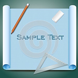 Architect squared paper with sample text pen eraser and triangular ruler illustration