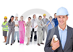 Architect standing in front of different types of workers