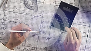 Architect using calculator on architectural blueprint house building plan with pencil, ruler, compasses and square flatlay