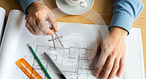 Architect Using Compass on Blueprints at Desk