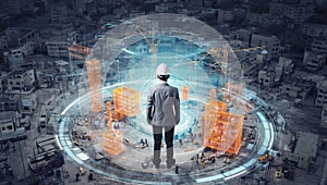 Architect visualizing construction project using futuristic building information modeling technology