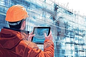 Architect using digital tablet analyzing building construction project