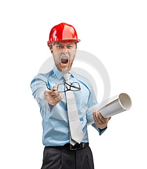 Architect worker or engineer man in red construction helmet