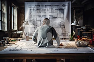 Architect working on a blueprint in his office. Back view, Architect or engineer working on building blueprint, AI Generated