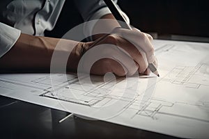 Architect working on blueprint at office, architectural concept. Vintage tone. Hands of architects or engineers working on