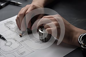 Architect working on blueprint at office desk, closeup. Construction concept, An Engineer technician hands close, AI Generated