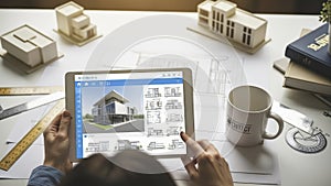 Architect working on building design with tablet and blueprints