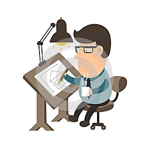 Architect working on desk. House project. draftsman flat illustration character design.