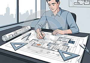 An architect is working on a detailed floor plan at a drafting table. The scene includes blueprints