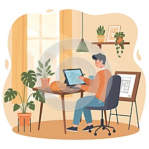 Architect Working from Home with Tablet Cozy Interior and Cat