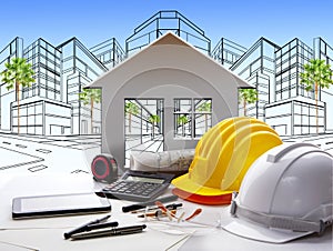 Architect working table with construction industry and engineer