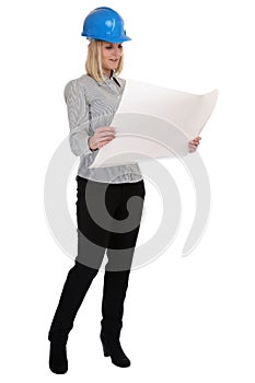 Architect young woman with plan woman occupation full body isolated photo