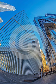 Architectonic details from One World Trade Center Transportation Hub. Manhattan, New York, USA