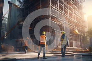 Architects and construction workers using digital tools for building design, AI Generative