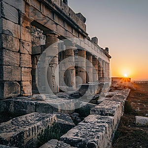 Architects plot to rebuild an ancient ruin, determination in their eyes, wide shot of the marble site at golden hour, professional