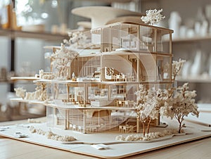 Architects presenting a model of a modular construction project, emphasizing quality and biomimicry in sustainable building