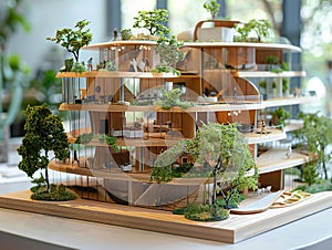 Architects presenting a model of a modular construction project, emphasizing quality and biomimicry in sustainable building photo