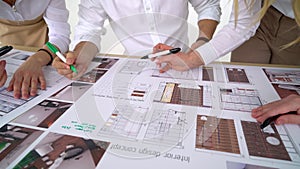 Architects working on blueprint close up