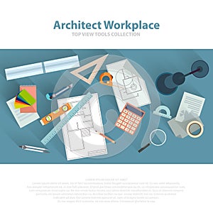 Architects workplace with architectural tools, blueprints, ruler, calculator, divider compass. Construction concept