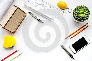 Architects workplace with tools on white background top view mock up