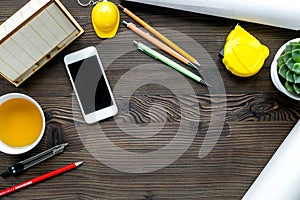 Architects workplace with tools on wooden background top view mock-up