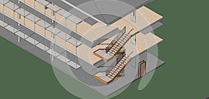 Architectural 3D perspective revit building Illustration exterior with staircase and no facade