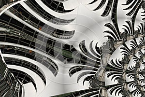 Architectural abstract fractal background spiral of stairs, staircase, glass, metal, steel. Circle round curve line geometry. Frac