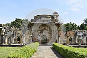 Architectural Archway and courtyard infront of Jami Masjid with intricate carvings in stone, an Islamic monuments was built by