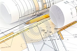 Architectural background with blueprint rolls, house plan and pe