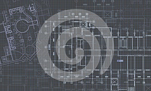 Architectural background with technical drawings. Blueprints plan texture. Drawing part of architectural project.