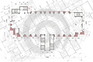 Architectural background with technical drawings. Blueprints plan texture. Drawing part of architectural project.