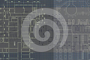 Architectural background with technical drawings. Site plan texture. House blueprint, drawing, part of architectural