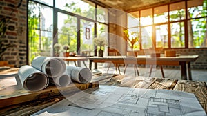 Architectural blueprint and design roll for technical project drawing in architecture