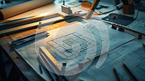 Architectural Blueprint on Drafting Table with Tools and Technical Drawings