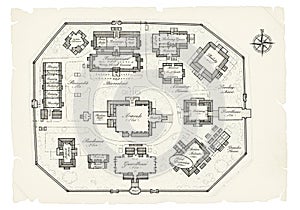 Architectural blueprint of a fortress-like complex featuring various labeled buildings within a