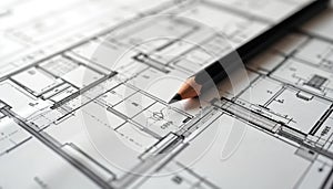 Architectural blueprint with pencil. Detailed floor plan for construction project. Engineering design documents showcase