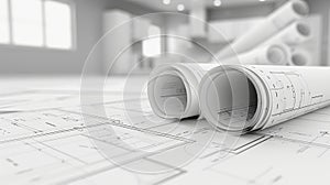 Architectural blueprint roll with technical project drawing for architectural plan