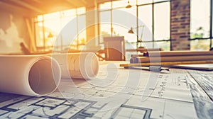 Architectural blueprint roll and technical project drawing on desk for detailed planning