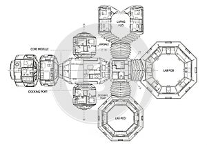 Architectural blueprint of a space station design. The layout