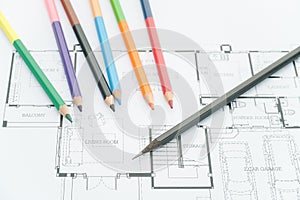 Architectural blueprints, architectural drawings of the modern house with color pencils .decoration concept. designer tools.