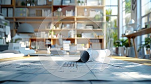 Architectural blueprints on a desk in a bright office
