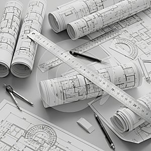 Architectural blueprints and drafting tools are arranged on a table. Several rolled-up