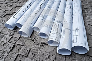 Architectural blueprints on grey wall backround