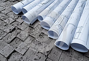 Architectural blueprints on grey wall backround