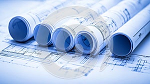 Architectural Blueprints Rolled Technical Drawings For Construction And Engineering Project