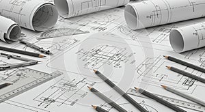 Architectural blueprints spread across a table, accompanied by drafting tools. Rolled