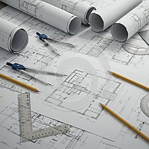 Architectural blueprints spread across a table, featuring detailed floor plans