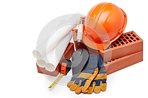 Architectural blueprints, stack of bricks, masonry trowel,  construction hard hat on white background. Construction concept