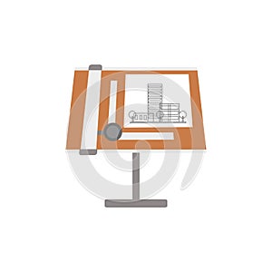 Architectural blueprints and tools on a drawing board, workplace of architect vector Illustration on a white background